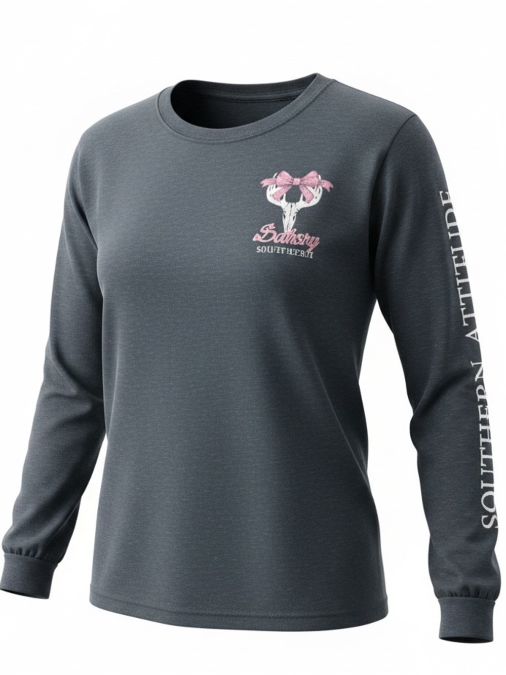 SOUTHERN ATTITUDE Dogwood Sassy Deer Skull Bow Dark Heather Long Sleeve Tee SZ S
